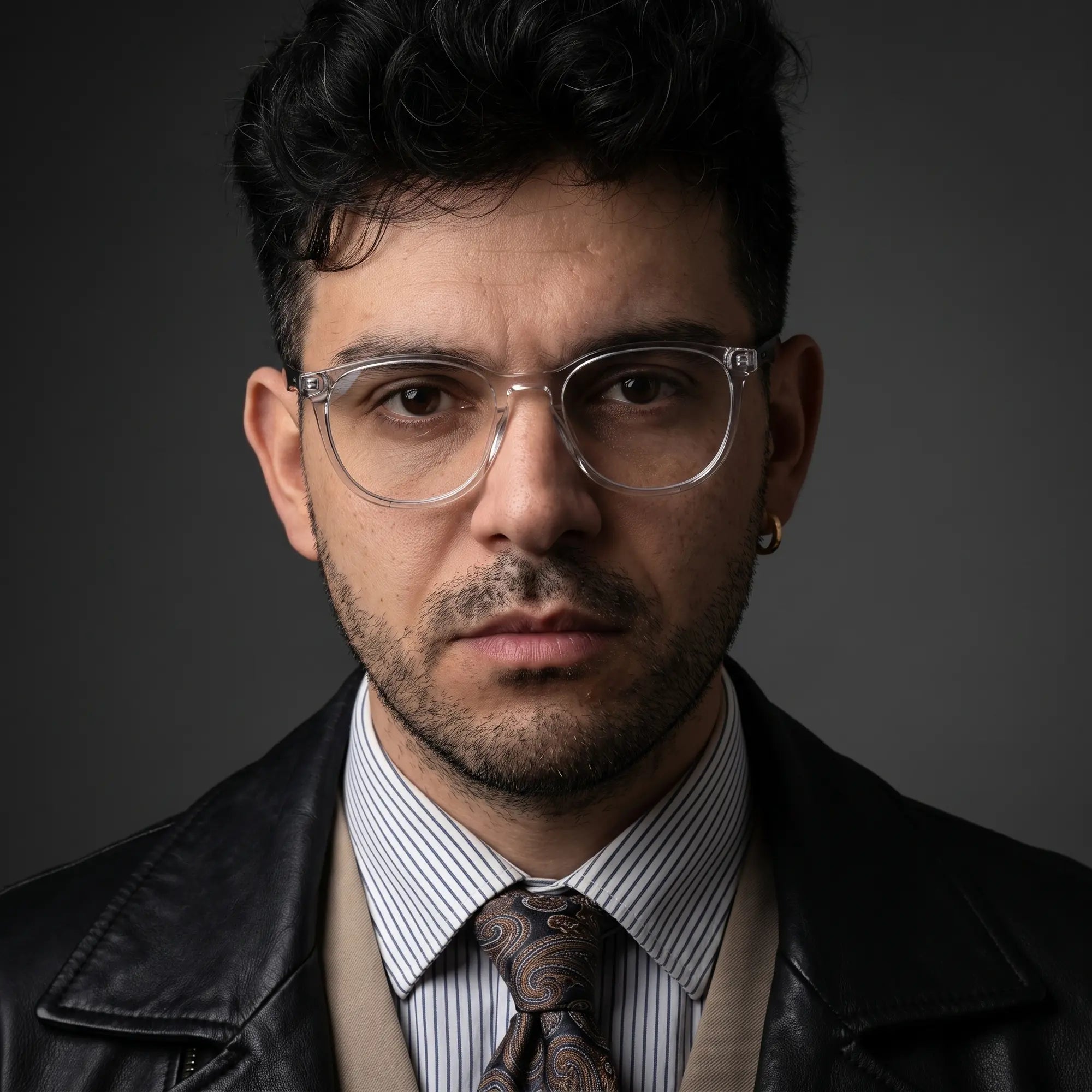 Fiore 7046 eyeglasses in transparent, worn by a model – campaign portrait, minimal studio portrait in soft daylight