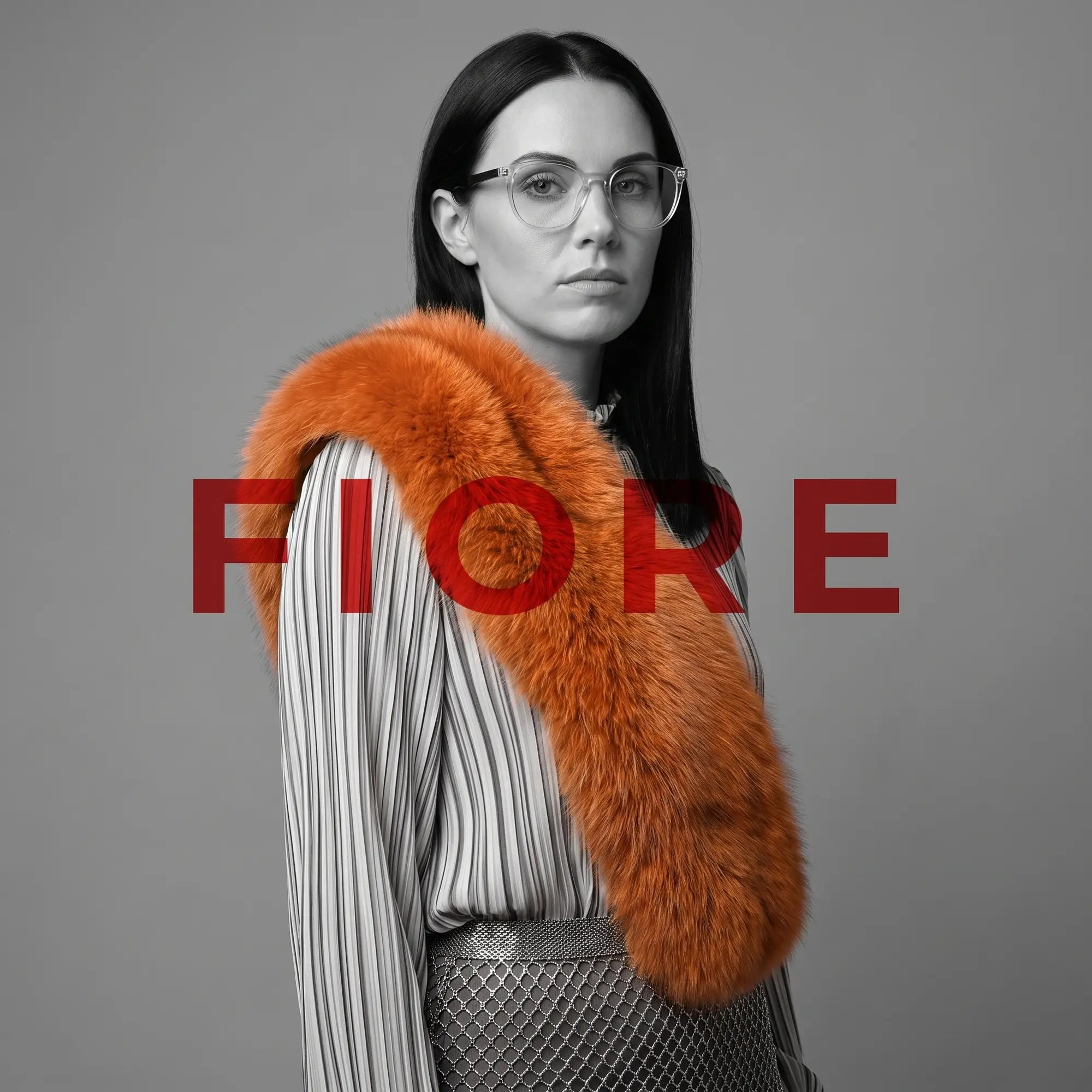 Fiore 7046 eyeglasses in transparent, worn by a model – campaign portrait, bold studio pose in vintage tweed