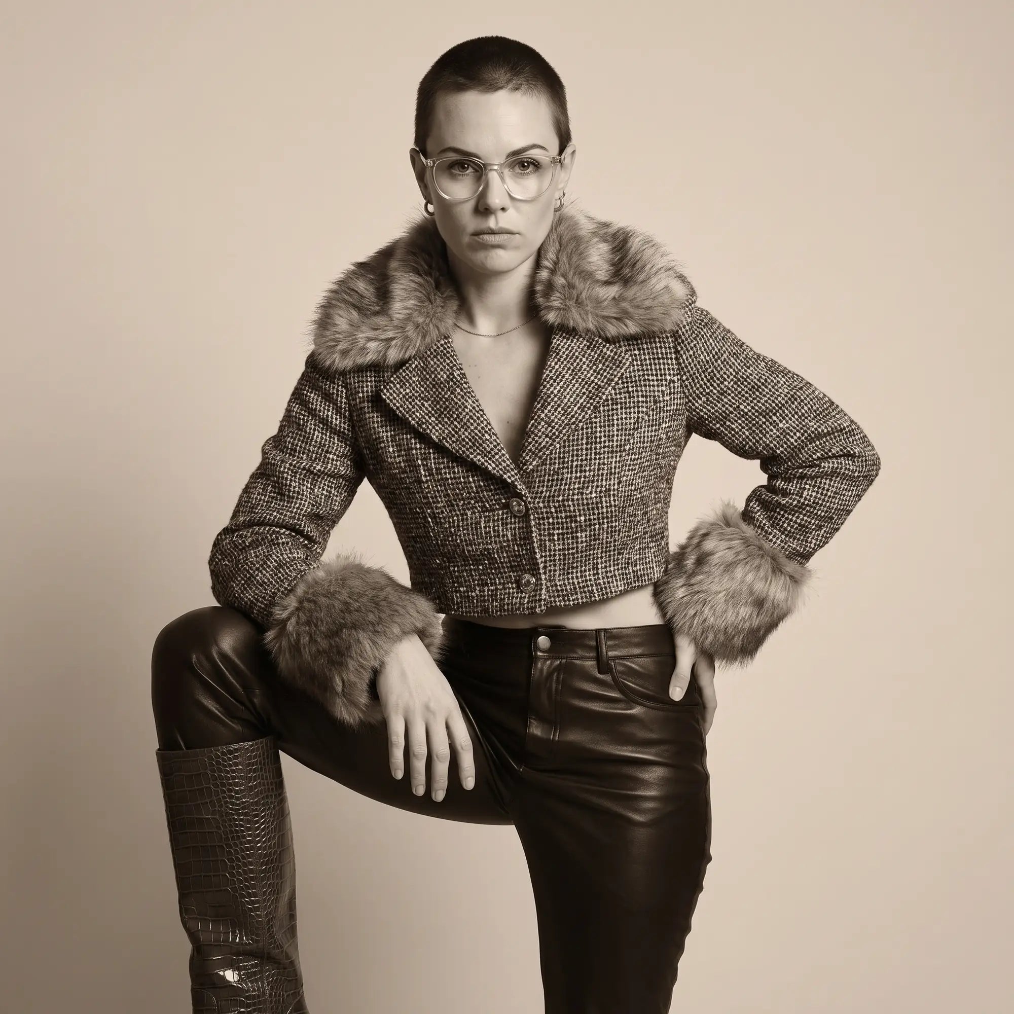 Fiore 7046 eyeglasses in transparent, worn by a model – campaign portrait, full-length studio portrait in tweed and leather