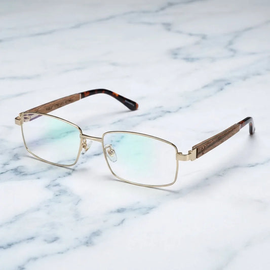 Pablo rectangular eyeglass frames in stainless steel and natural wood · ReFramed, photo 1 of 29