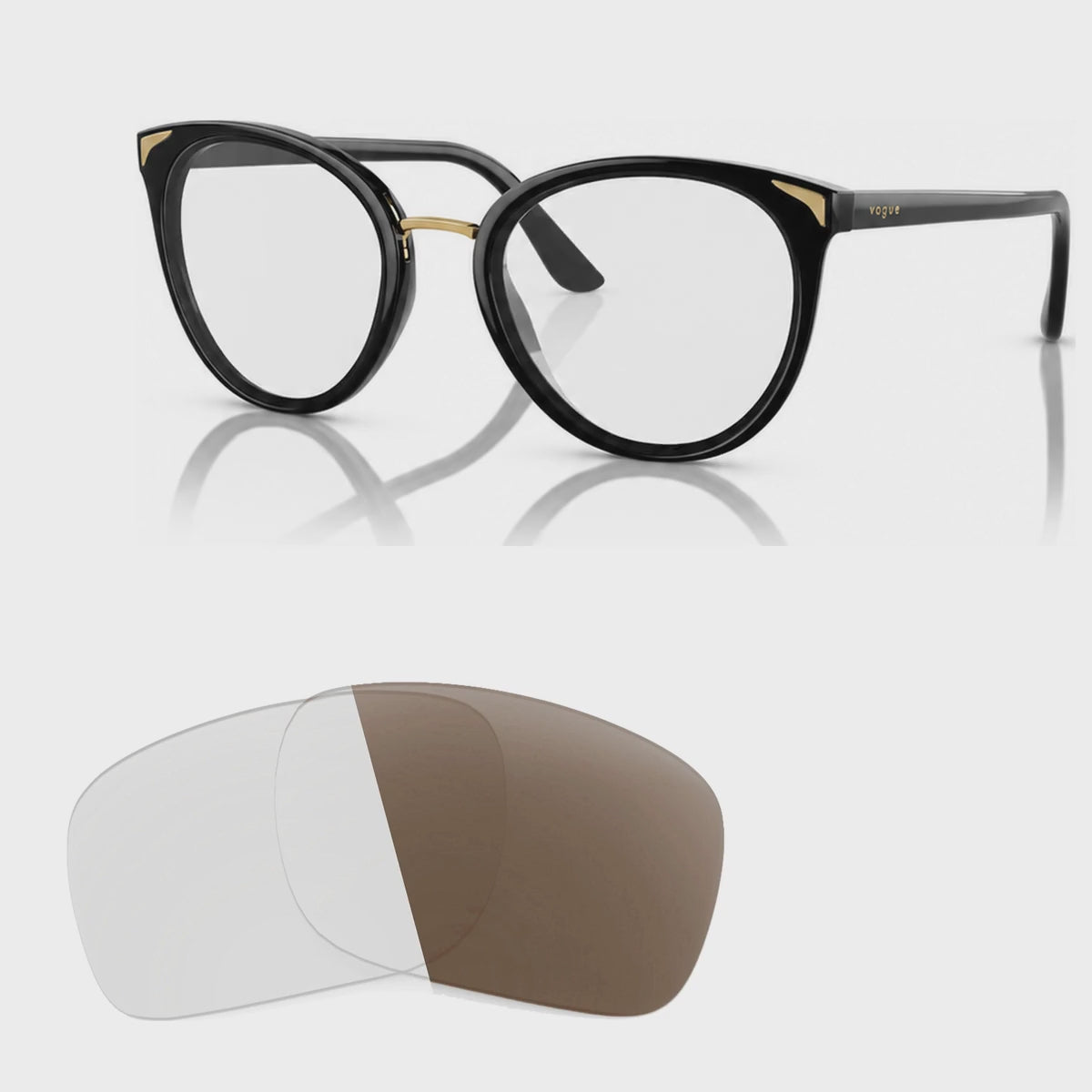 Vogue VO5230S photochromic brown replacement lenses, angled video of the lenses darkening from clear to brown · ReFramed
