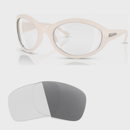 Vogue VO5606S photochromic gray replacement lenses, angled video of the lenses darkening from clear to gray · ReFramed