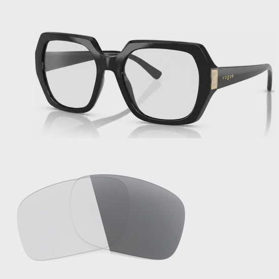 Vogue VO5612SB photochromic gray replacement lenses, angled video of the lenses darkening from clear to gray · ReFramed