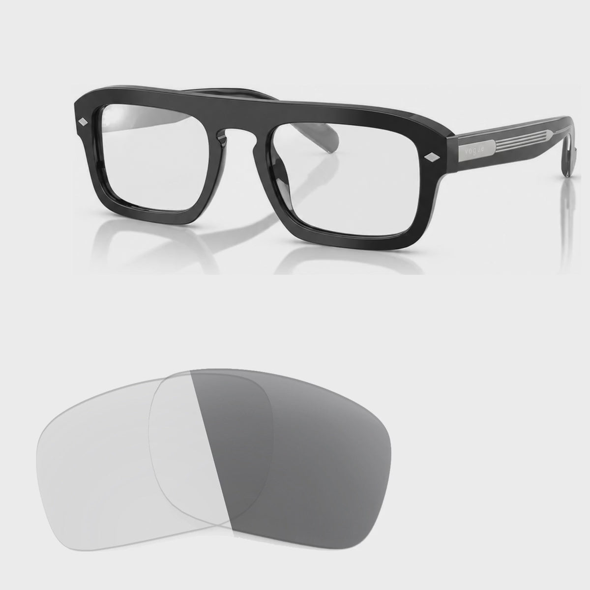 Vogue VO5620S photochromic gray replacement lenses, angled video of the lenses darkening from clear to gray · ReFramed