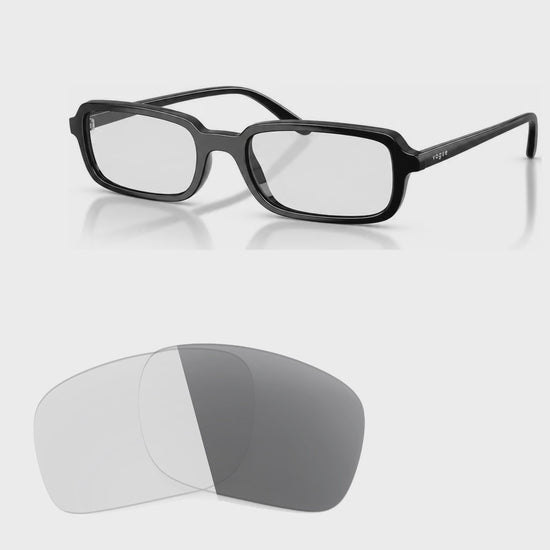 Vogue VO5666S photochromic gray replacement lenses, angled video of the lenses darkening from clear to gray · ReFramed