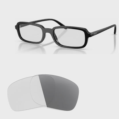 Vogue VO5666S photochromic gray replacement lenses, angled video of the lenses darkening from clear to gray · ReFramed
