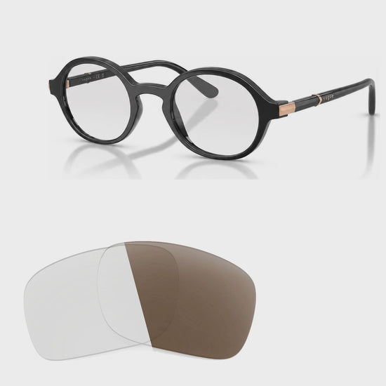 Vogue VO5692S photochromic brown replacement lenses, angled video of the lenses darkening from clear to brown · ReFramed