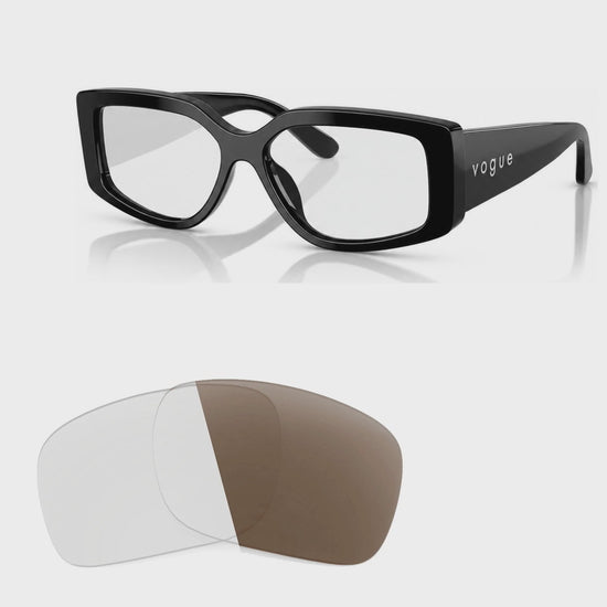 Vogue VO5642SU photochromic brown replacement lenses, angled video of the lenses darkening from clear to brown · ReFramed