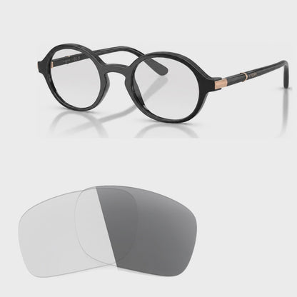 Vogue VO5692S photochromic gray replacement lenses, angled video of the lenses darkening from clear to gray · ReFramed