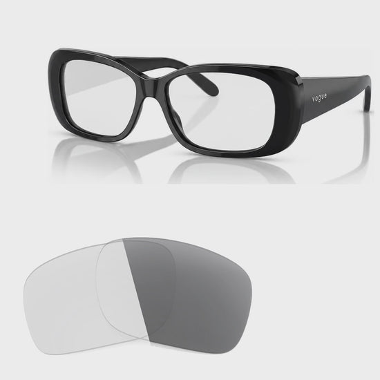Vogue VO2606S photochromic gray replacement lenses, angled video of the lenses darkening from clear to gray · ReFramed