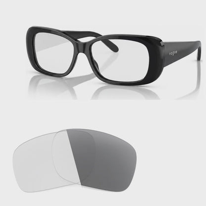 Vogue VO2606S photochromic gray replacement lenses, angled video of the lenses darkening from clear to gray · ReFramed