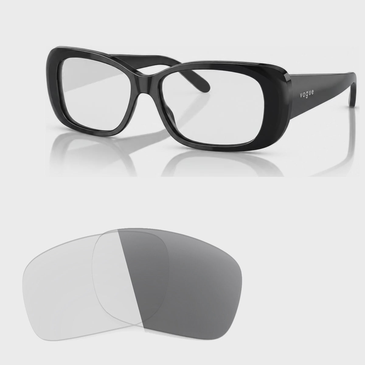 Vogue VO2606S photochromic gray replacement lenses, angled video of the lenses darkening from clear to gray · ReFramed