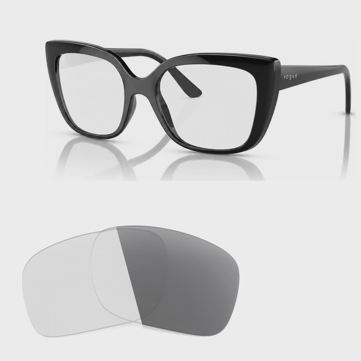 Vogue VO5337S photochromic gray replacement lenses, angled video of the lenses darkening from clear to gray · ReFramed