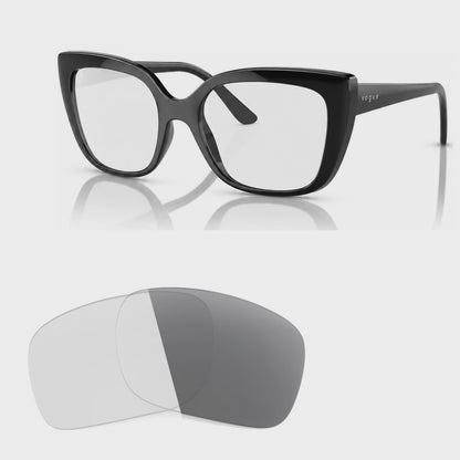 Vogue VO5337S photochromic gray replacement lenses, angled video of the lenses darkening from clear to gray · ReFramed