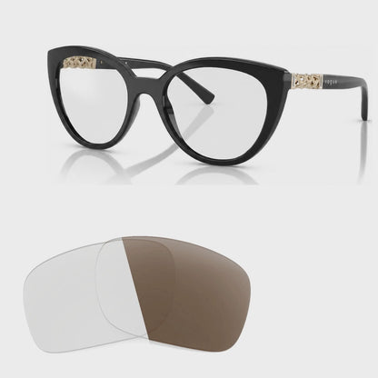 Vogue VO5634SB photochromic brown replacement lenses, angled video of the lenses darkening from clear to brown · ReFramed
