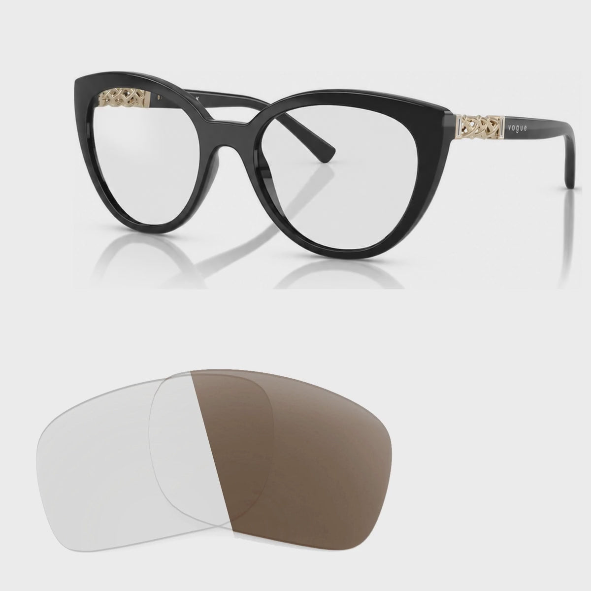 Vogue VO5634SB photochromic brown replacement lenses, angled video of the lenses darkening from clear to brown · ReFramed