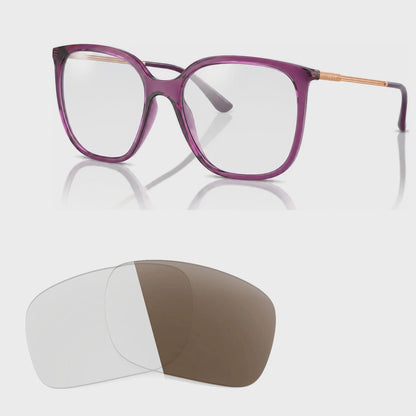 Vogue VO5564S photochromic brown replacement lenses, angled video of the lenses darkening from clear to brown · ReFramed