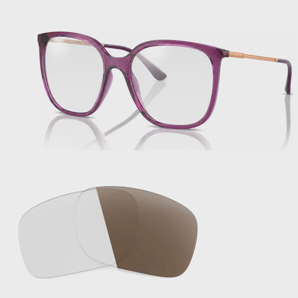 Vogue VO5564S photochromic brown replacement lenses, angled video of the lenses darkening from clear to brown · ReFramed
