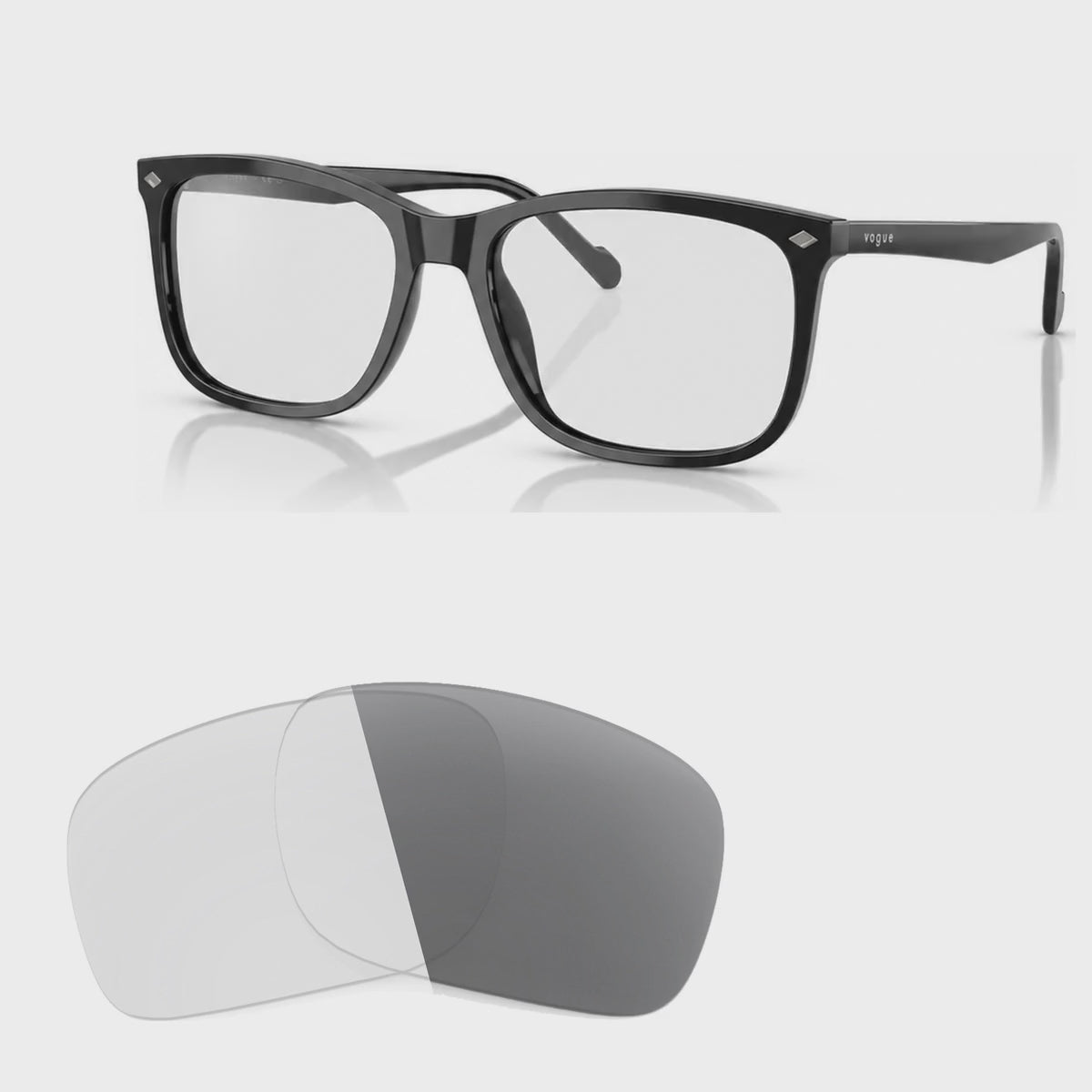 Vogue VO5618S photochromic gray replacement lenses, angled video of the lenses darkening from clear to gray · ReFramed