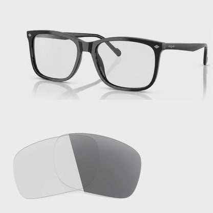 Vogue VO5618S photochromic gray replacement lenses, angled video of the lenses darkening from clear to gray · ReFramed