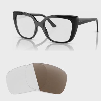Vogue VO5337S photochromic brown replacement lenses, angled video of the lenses darkening from clear to brown · ReFramed