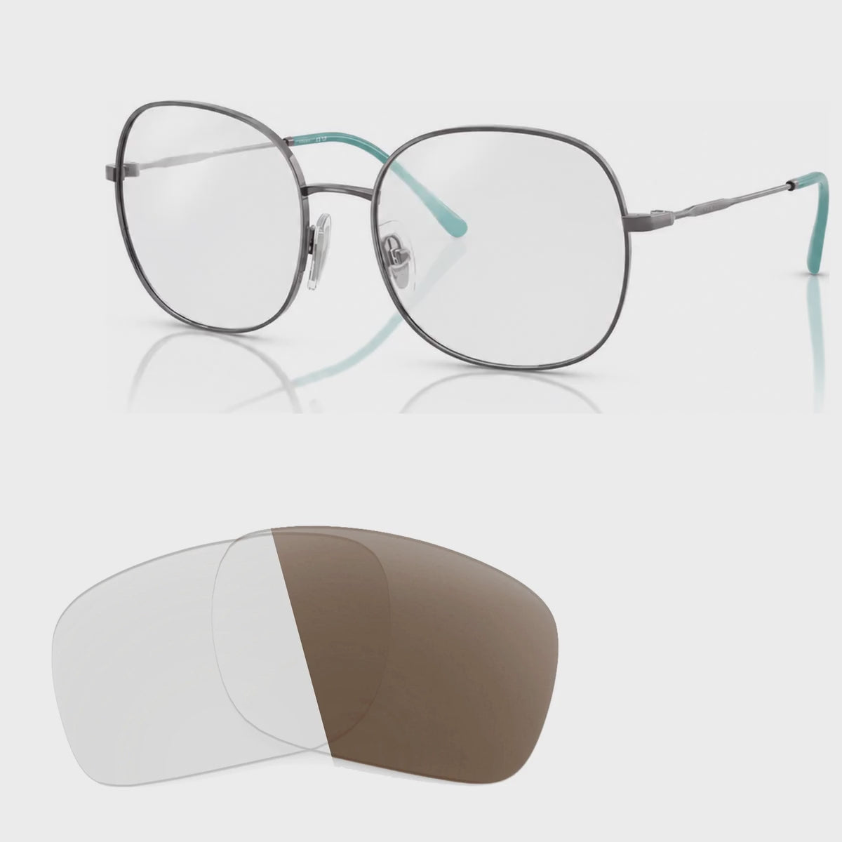 Vogue VO4272S photochromic brown replacement lenses, angled video of the lenses darkening from clear to brown · ReFramed