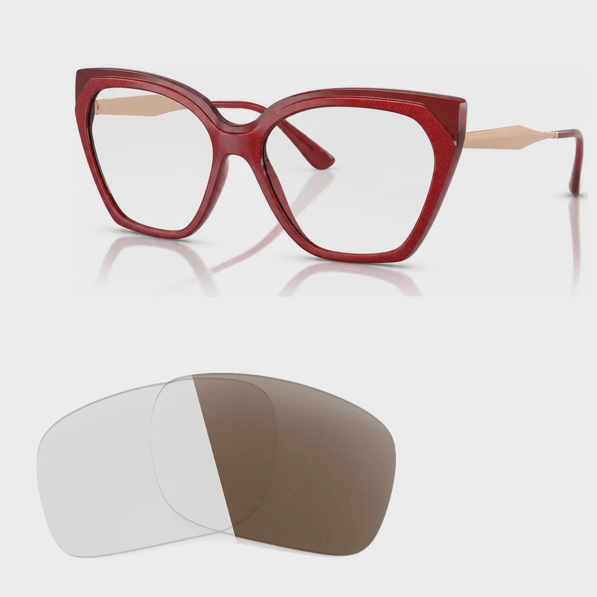 Vogue VO5521S photochromic brown replacement lenses, angled video of the lenses darkening from clear to brown · ReFramed