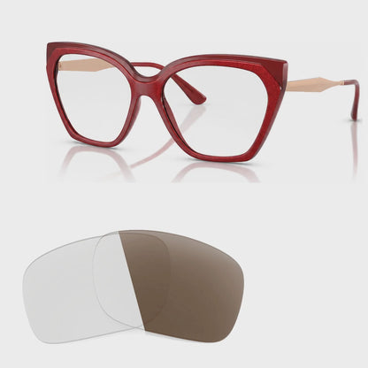 Vogue VO5521S photochromic brown replacement lenses, angled video of the lenses darkening from clear to brown · ReFramed