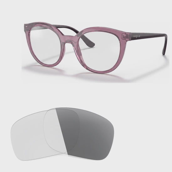 Vogue VO5427S photochromic gray replacement lenses, angled video of the lenses darkening from clear to gray · ReFramed