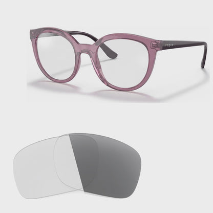 Vogue VO5427S photochromic gray replacement lenses, angled video of the lenses darkening from clear to gray · ReFramed
