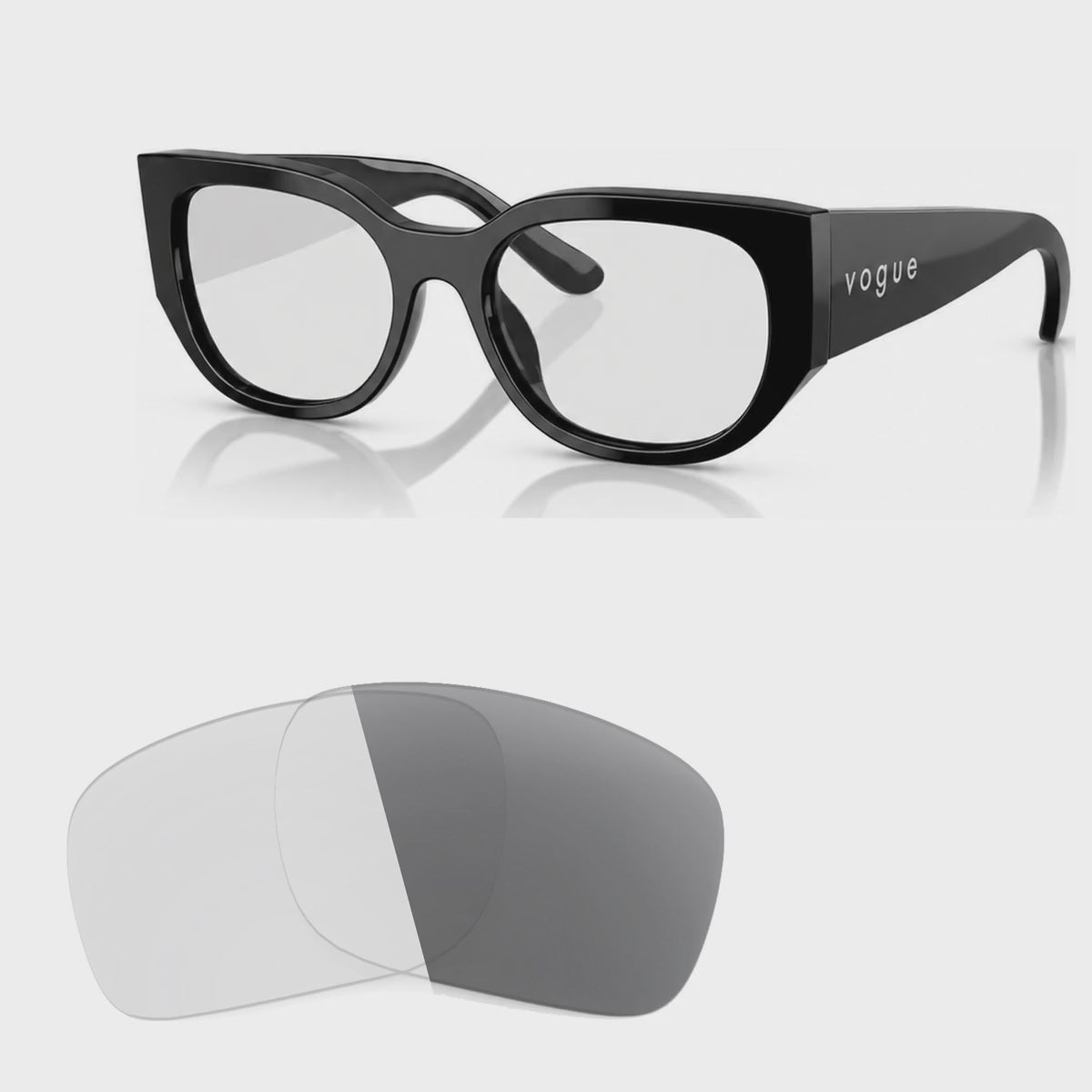 Vogue VO5641SU photochromic gray replacement lenses, angled video of the lenses darkening from clear to gray · ReFramed