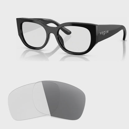 Vogue VO5641SU photochromic gray replacement lenses, angled video of the lenses darkening from clear to gray · ReFramed