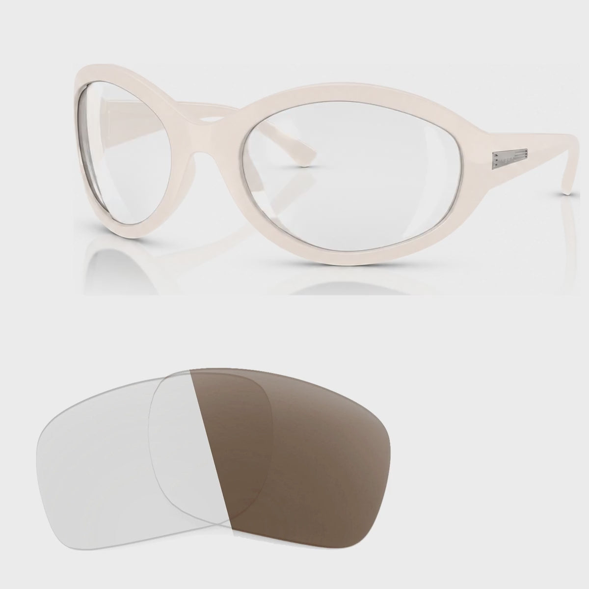 Vogue VO5606S photochromic brown replacement lenses, angled video of the lenses darkening from clear to brown · ReFramed