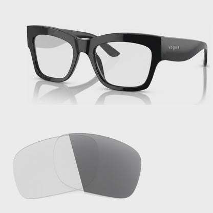 Vogue VO5524S photochromic gray replacement lenses, angled video of the lenses darkening from clear to gray · ReFramed