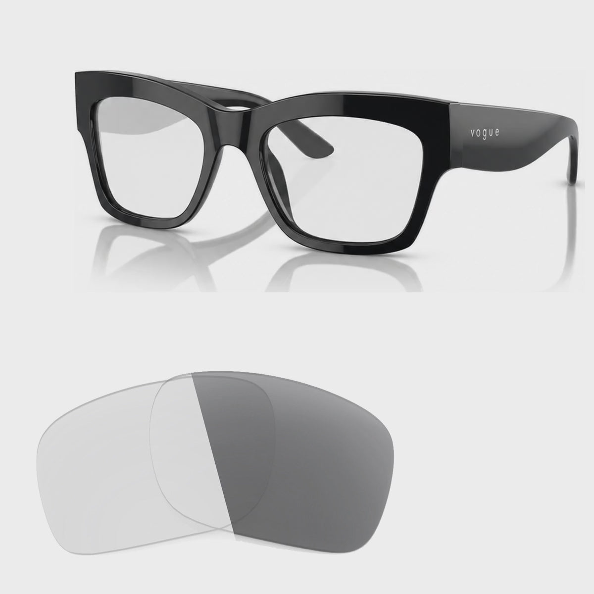 Vogue VO5524S photochromic gray replacement lenses, angled video of the lenses darkening from clear to gray · ReFramed