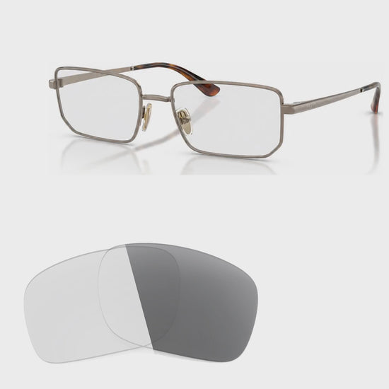Vogue VO4352S photochromic gray replacement lenses, angled video of the lenses darkening from clear to gray · ReFramed