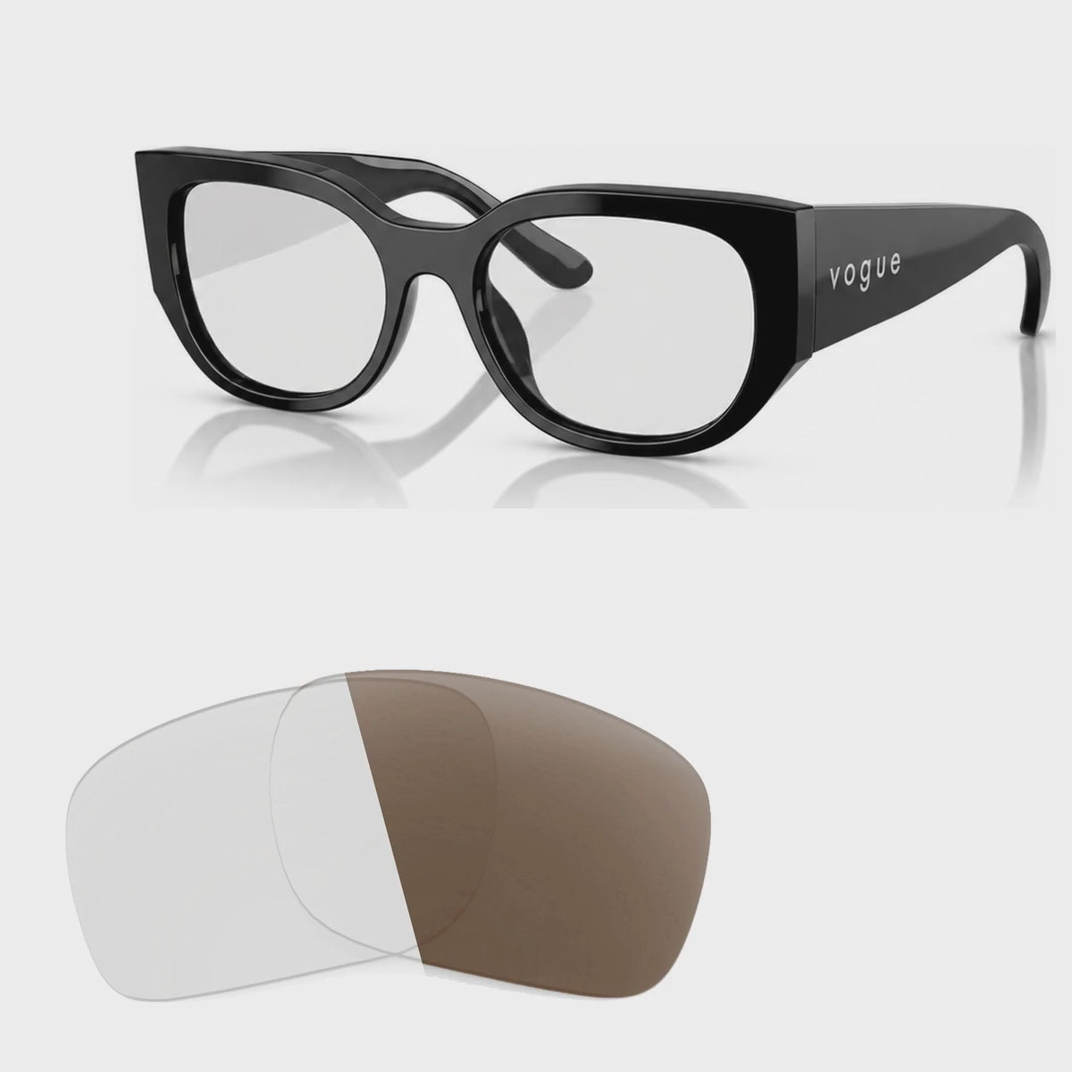 Vogue VO5641SU photochromic brown replacement lenses, angled video of the lenses darkening from clear to brown · ReFramed