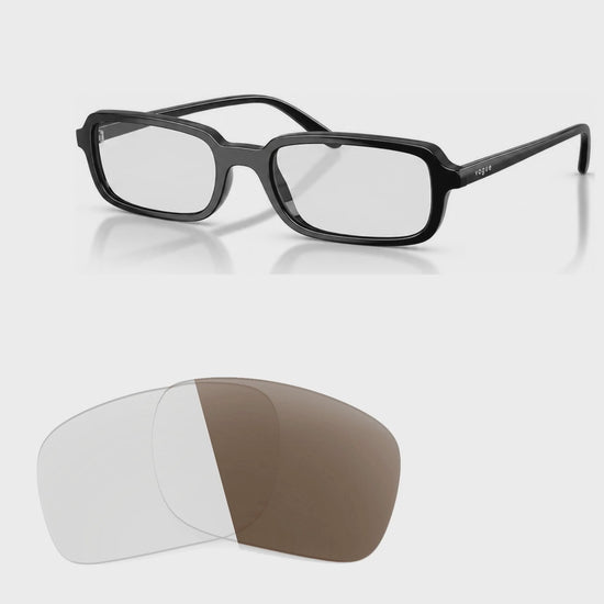 Vogue VO5666S photochromic brown replacement lenses, angled video of the lenses darkening from clear to brown · ReFramed