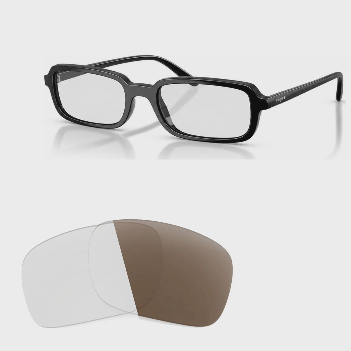 Vogue VO5666S photochromic brown replacement lenses, angled video of the lenses darkening from clear to brown · ReFramed