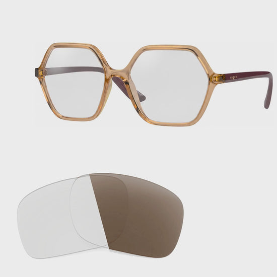 Vogue VO5361S photochromic brown replacement lenses, angled video of the lenses darkening from clear to brown · ReFramed