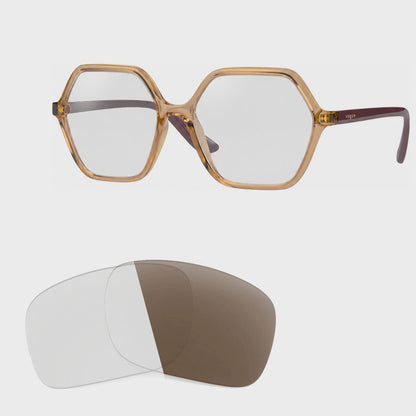 Vogue VO5361S photochromic brown replacement lenses, angled video of the lenses darkening from clear to brown · ReFramed
