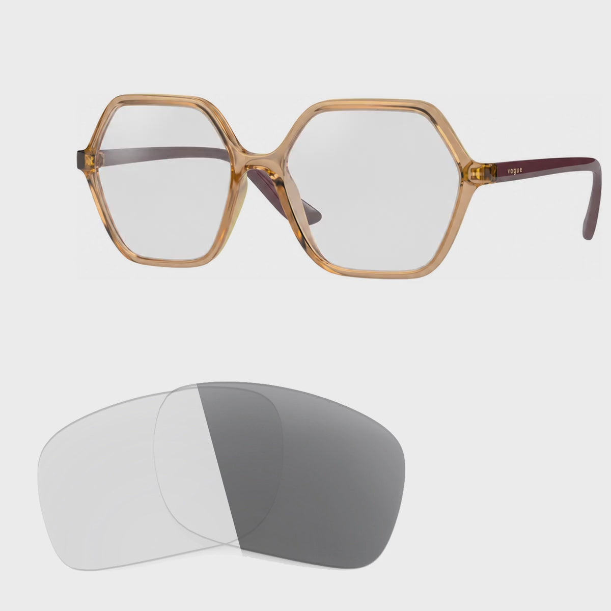 Vogue VO5361S photochromic gray replacement lenses, angled video of the lenses darkening from clear to gray · ReFramed