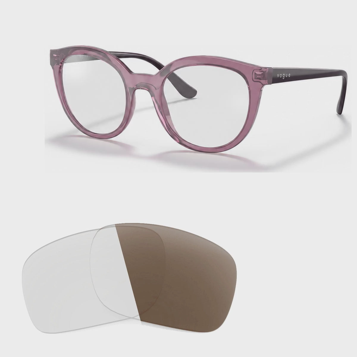 Vogue VO5427S photochromic brown replacement lenses, angled video of the lenses darkening from clear to brown · ReFramed