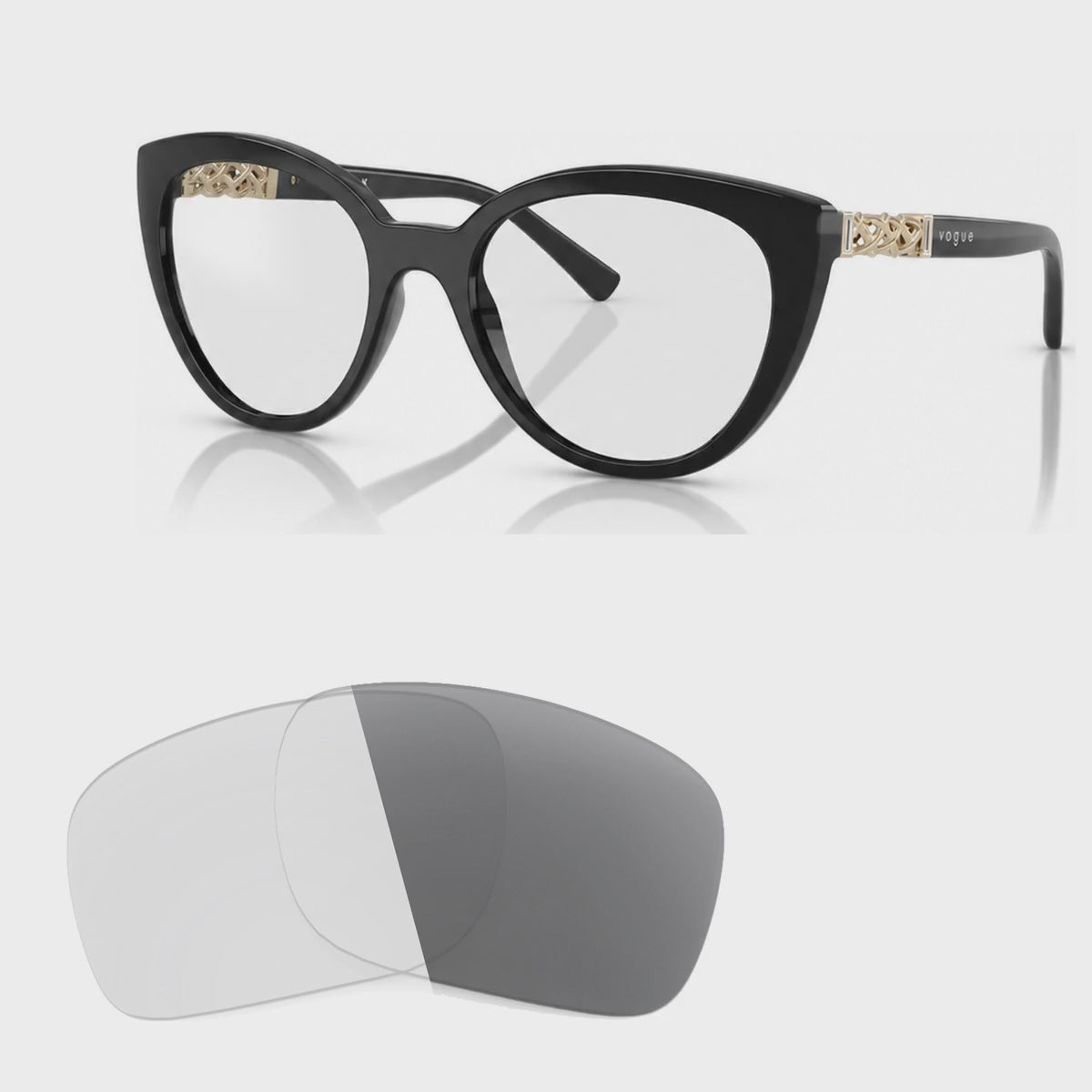 Vogue VO5634SB photochromic gray replacement lenses, angled video of the lenses darkening from clear to gray · ReFramed