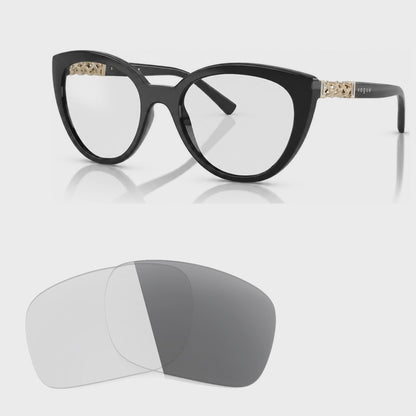 Vogue VO5634SB photochromic gray replacement lenses, angled video of the lenses darkening from clear to gray · ReFramed