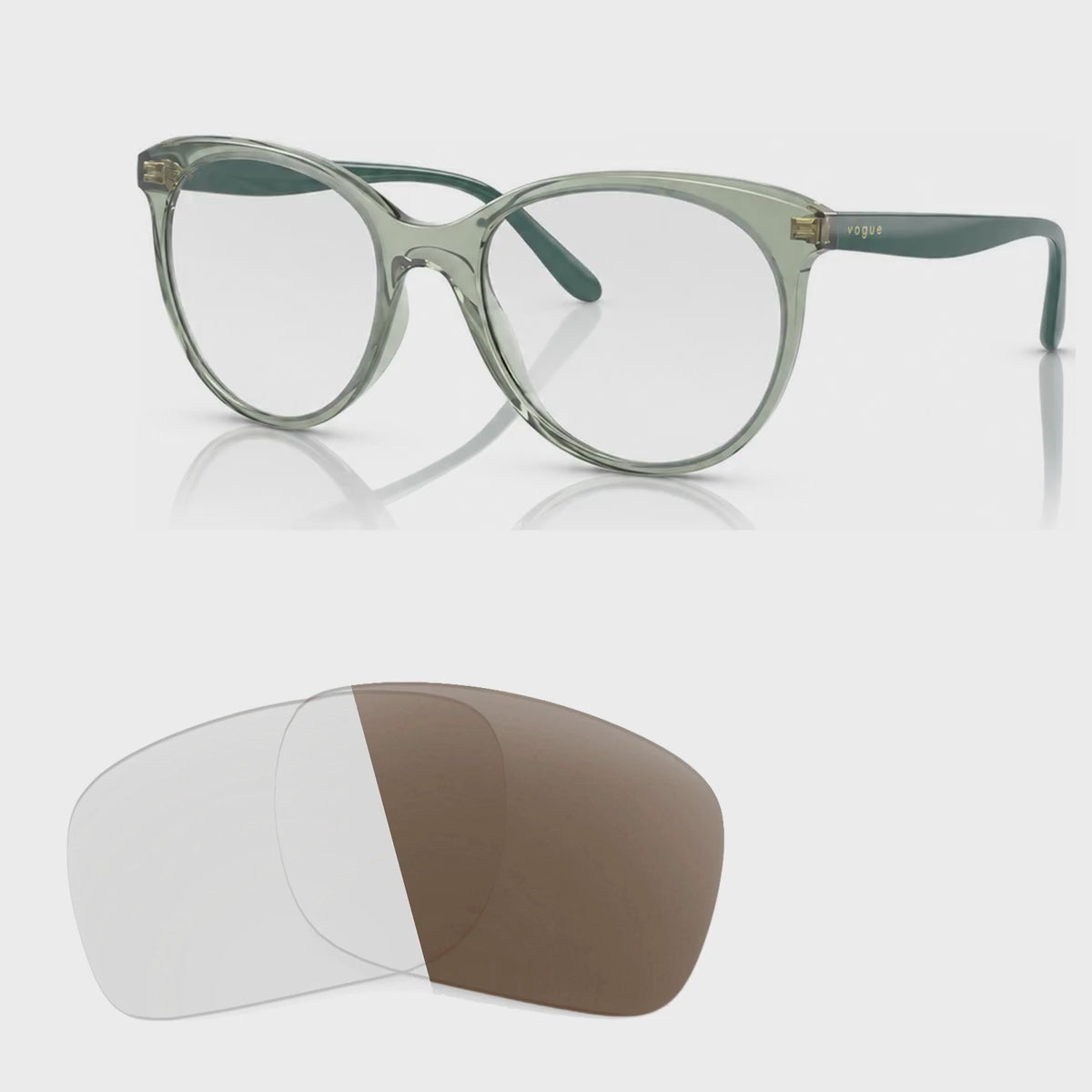 Vogue VO5453S photochromic brown replacement lenses, angled video of the lenses darkening from clear to brown · ReFramed