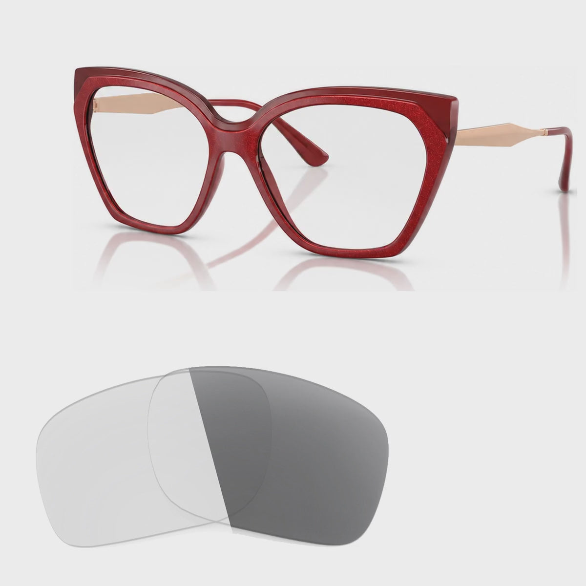 Vogue VO5521S photochromic gray replacement lenses, angled video of the lenses darkening from clear to gray · ReFramed