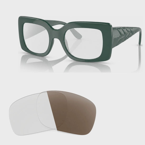 Vogue VO5481S photochromic brown replacement lenses, angled video of the lenses darkening from clear to brown · ReFramed