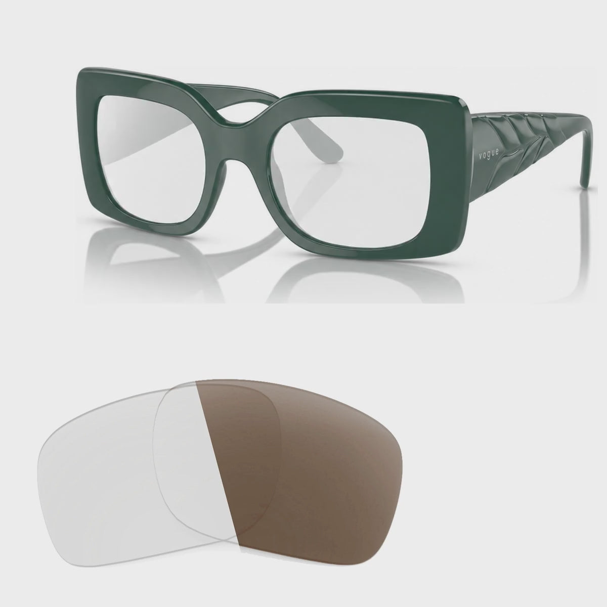 Vogue VO5481S photochromic brown replacement lenses, angled video of the lenses darkening from clear to brown · ReFramed