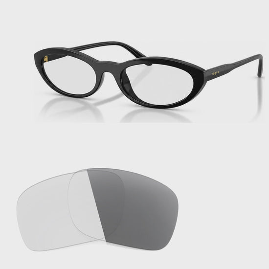 Vogue VO5697SU photochromic gray replacement lenses, angled video of the lenses darkening from clear to gray · ReFramed